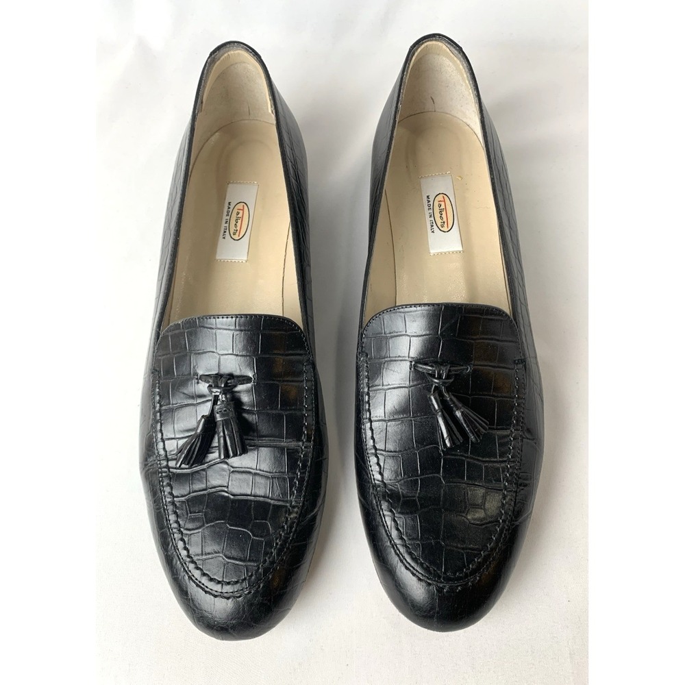 Talbots Tassel Loafers  Womens 11M Black Leather Moc Croc Embossed